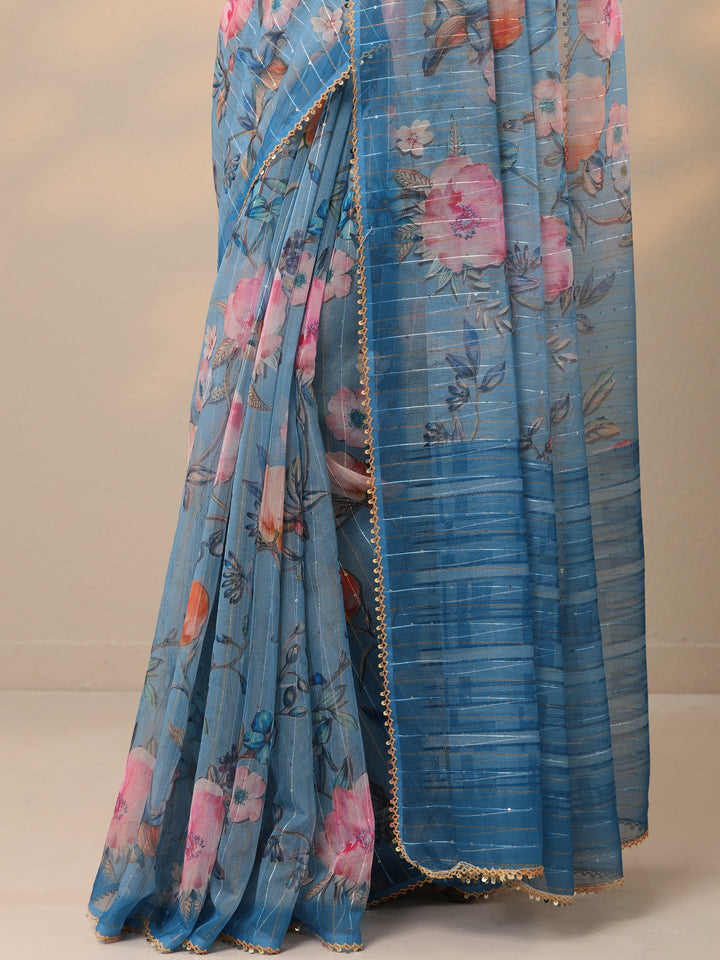 Blue Printed Nylon Saree With Unstitched Blouse Piece