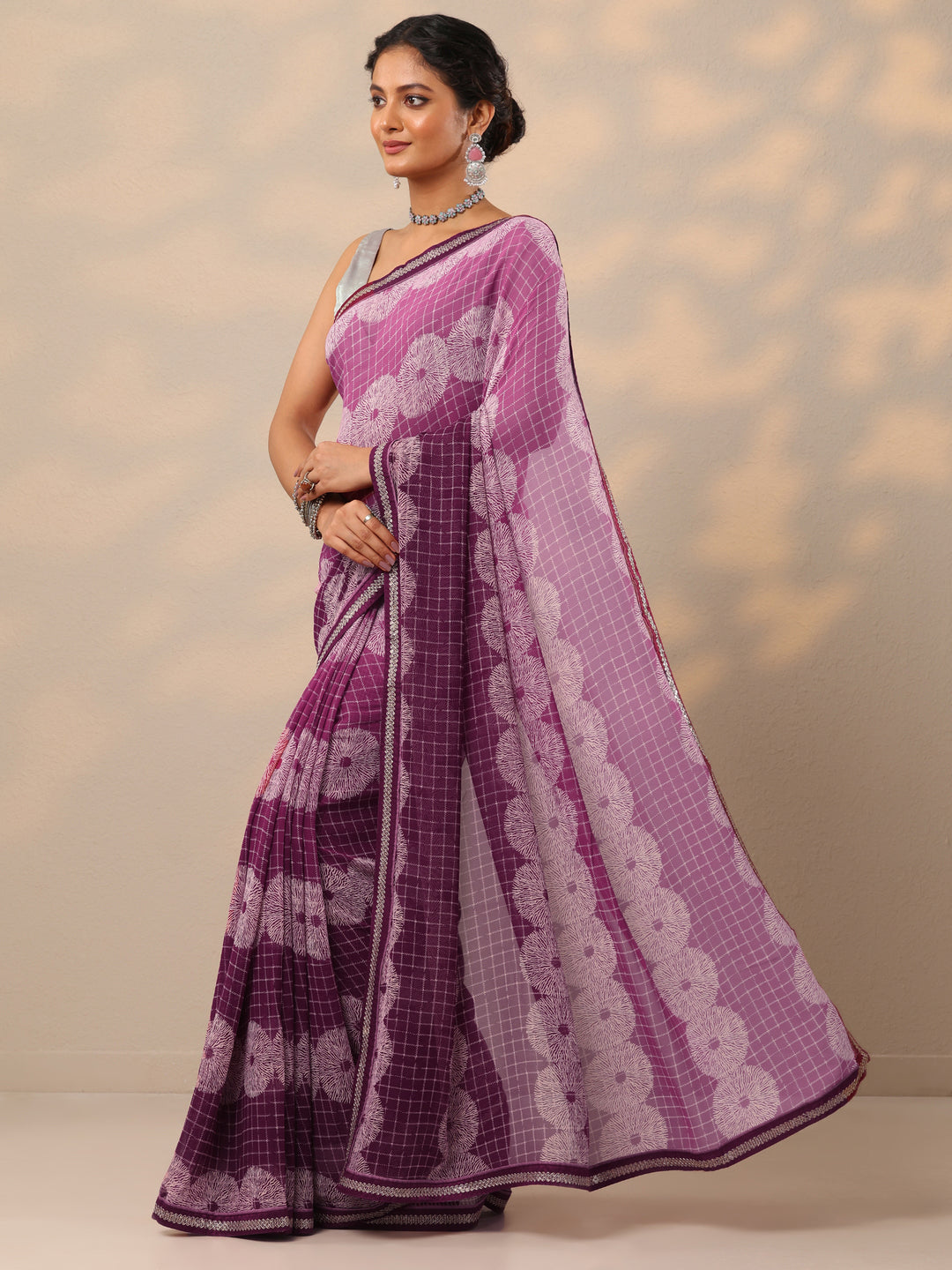 Purple Printed Georgette Saree With Unstitched Blouse Piece