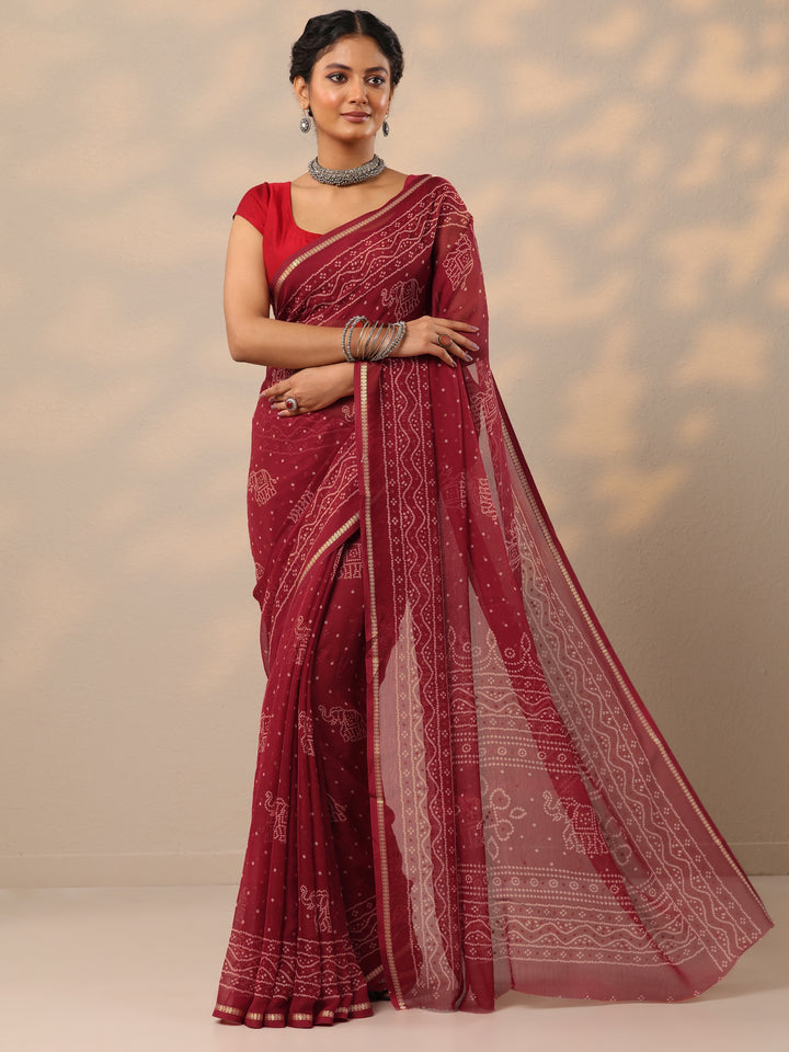 Maroon Bandhani Printed Chiffon Saree With Unstitched Blouse Piece