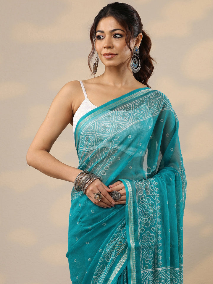 Blue Bandhani Printed Chiffon Sarees With Unstitched Blouse Piece