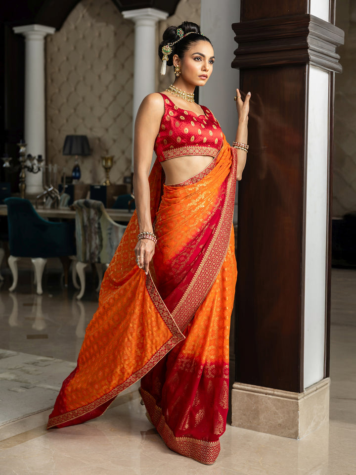 Orange Bandhani Printed Georgette Saree With Unstitched Blouse Piece
