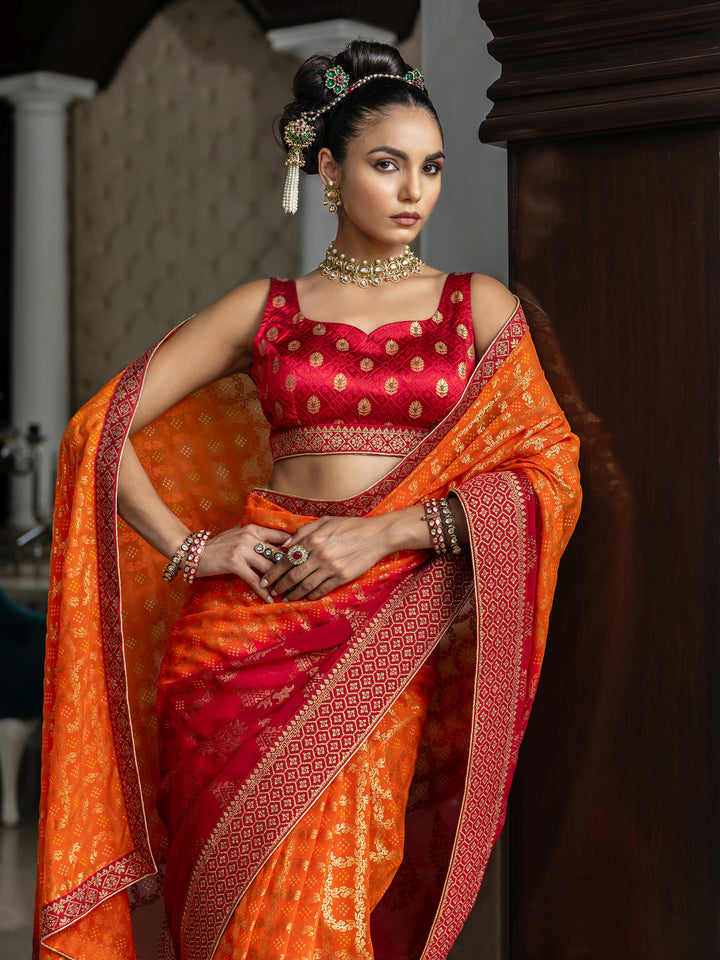 Orange Bandhani Printed Georgette Saree With Unstitched Blouse Piece