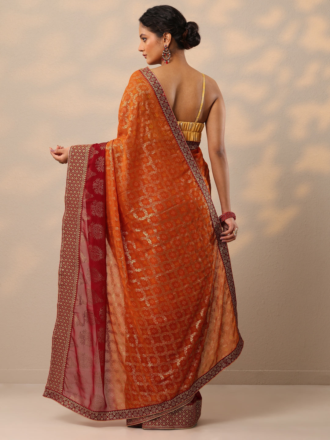 Orange Bandhani Printed Georgette Saree With Unstitched Blouse Piece