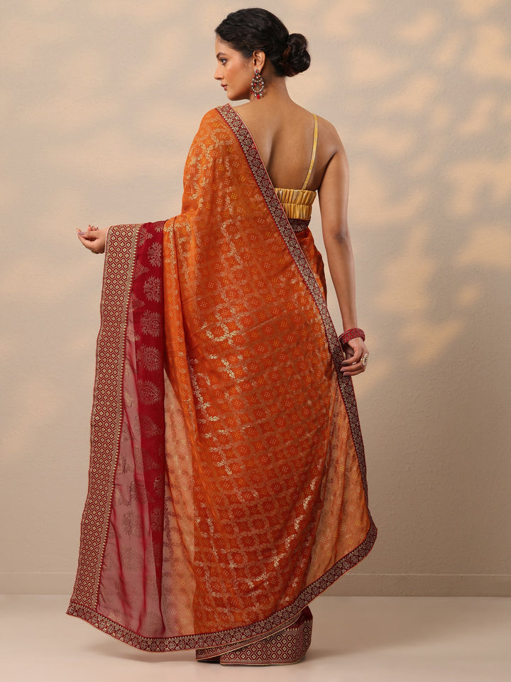 Orange Bandhani Printed Georgette Saree With Unstitched Blouse Piece