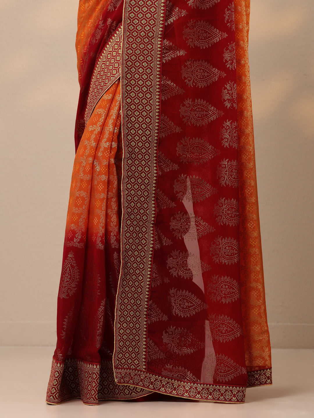 Orange Bandhani Printed Georgette Saree With Unstitched Blouse Piece