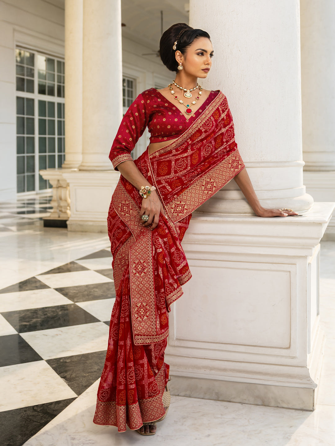 Red Bandhani Printed Georgette Saree With Unstitched Blouse Piece