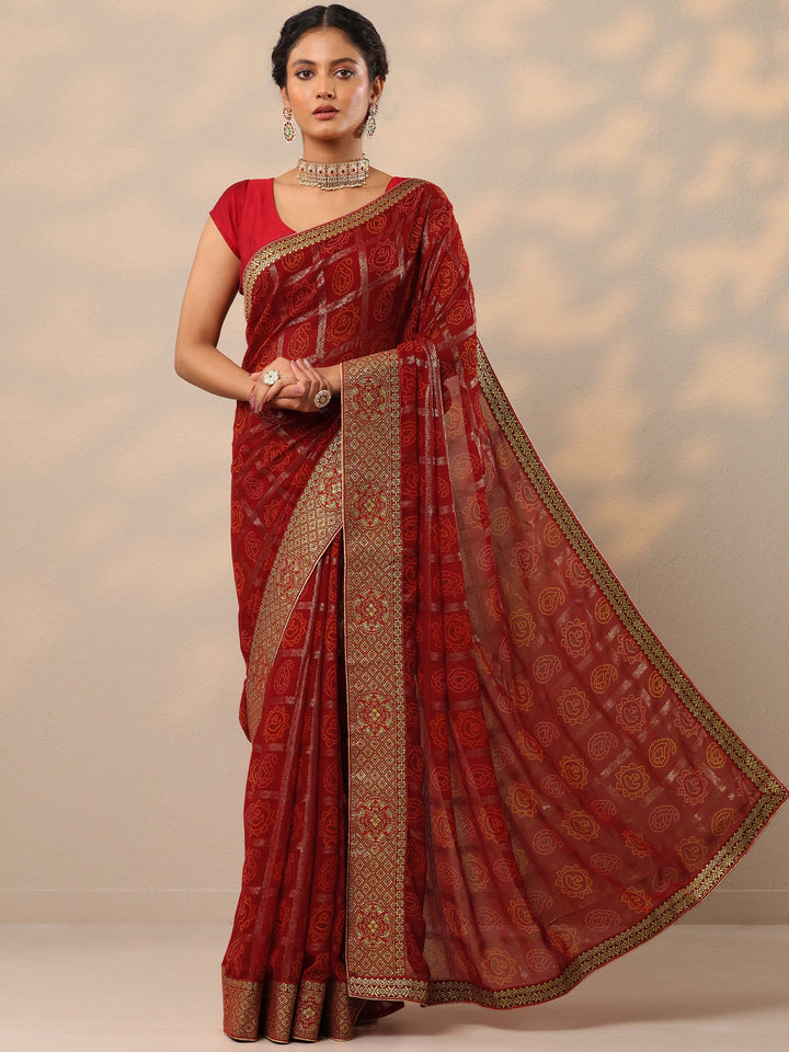 Red Bandhani Printed Georgette Saree With Unstitched Blouse Piece