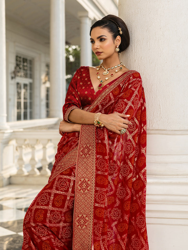 Red Bandhani Printed Georgette Saree With Unstitched Blouse Piece
