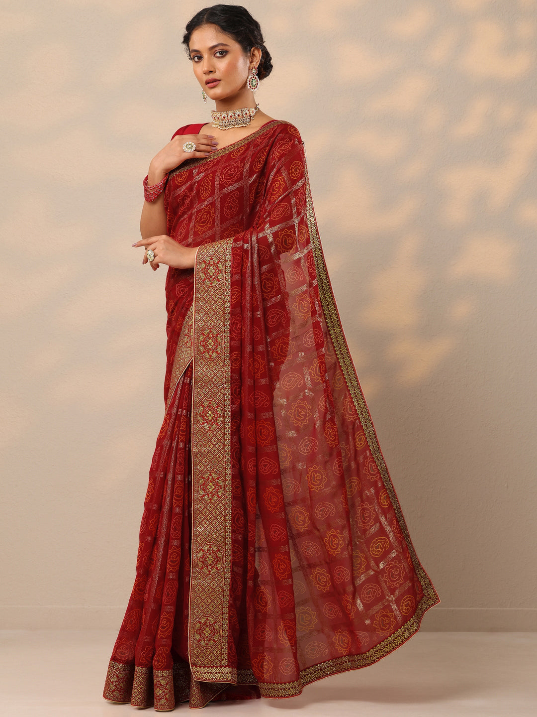 Red Bandhani Printed Georgette Saree With Unstitched Blouse Piece