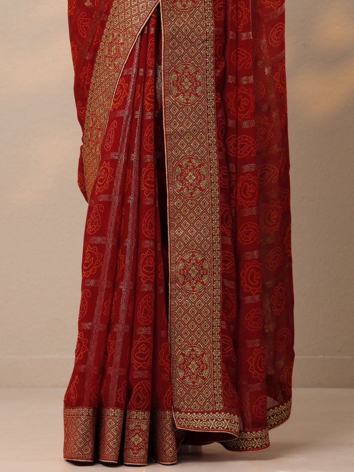 Red Bandhani Printed Georgette Saree With Unstitched Blouse Piece