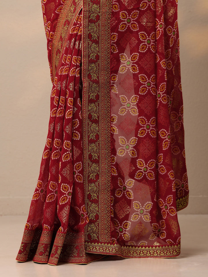 Maroon Bandhani Printed Georgette Saree With Unstitched Blouse Piece