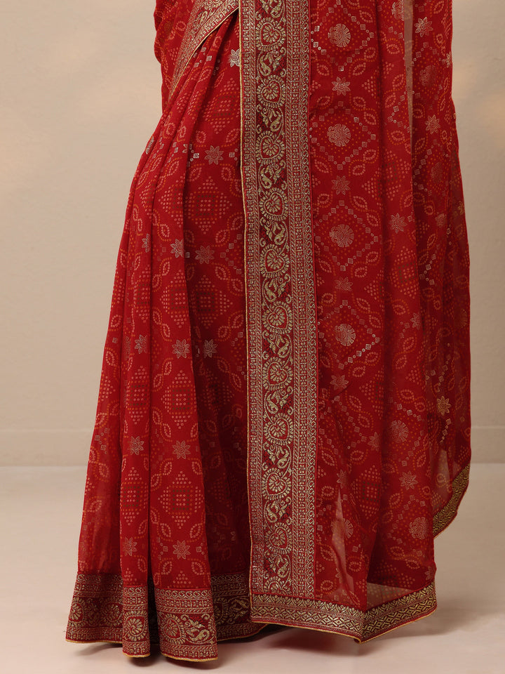 Maroon Bandhani Printed Georgette Saree With Unstitched Blouse Piece