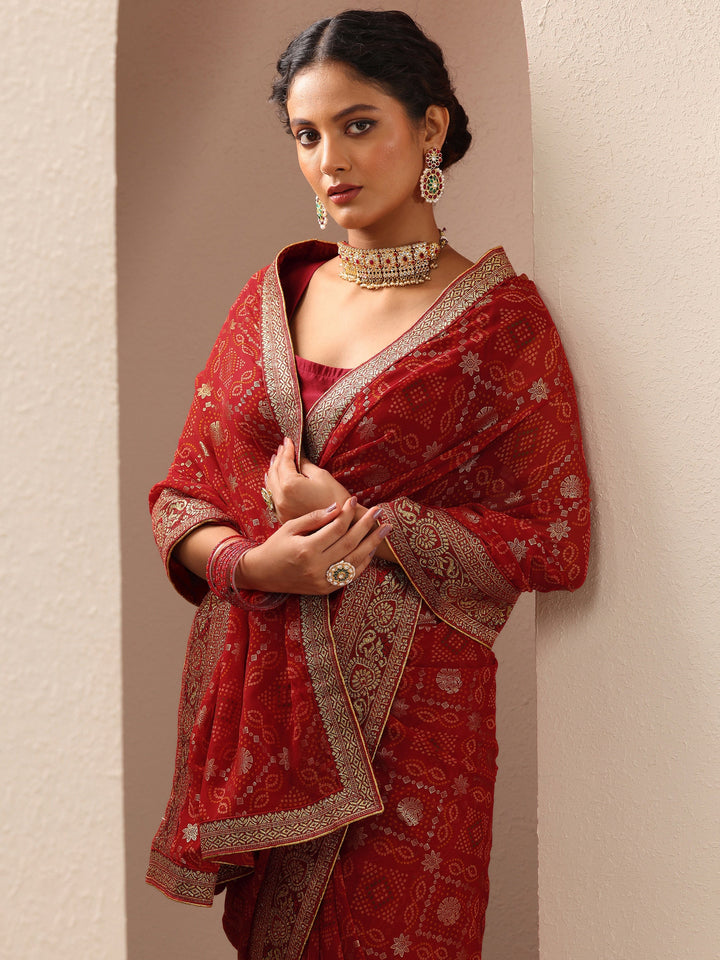 Maroon Bandhani Printed Georgette Saree With Unstitched Blouse Piece