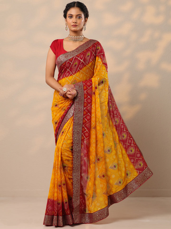 Yellow Bandhani Printed Georgette Saree With Unstitched Blouse Piece