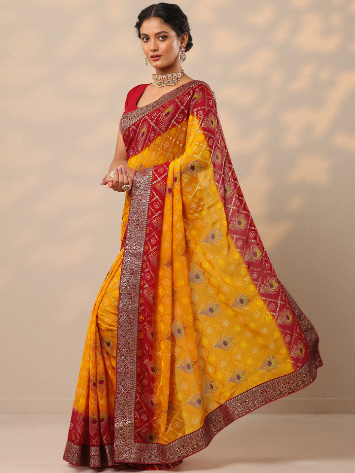 Yellow Bandhani Printed Georgette Saree With Unstitched Blouse Piece