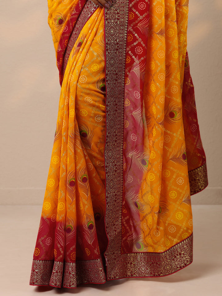 Yellow Bandhani Printed Georgette Saree With Unstitched Blouse Piece