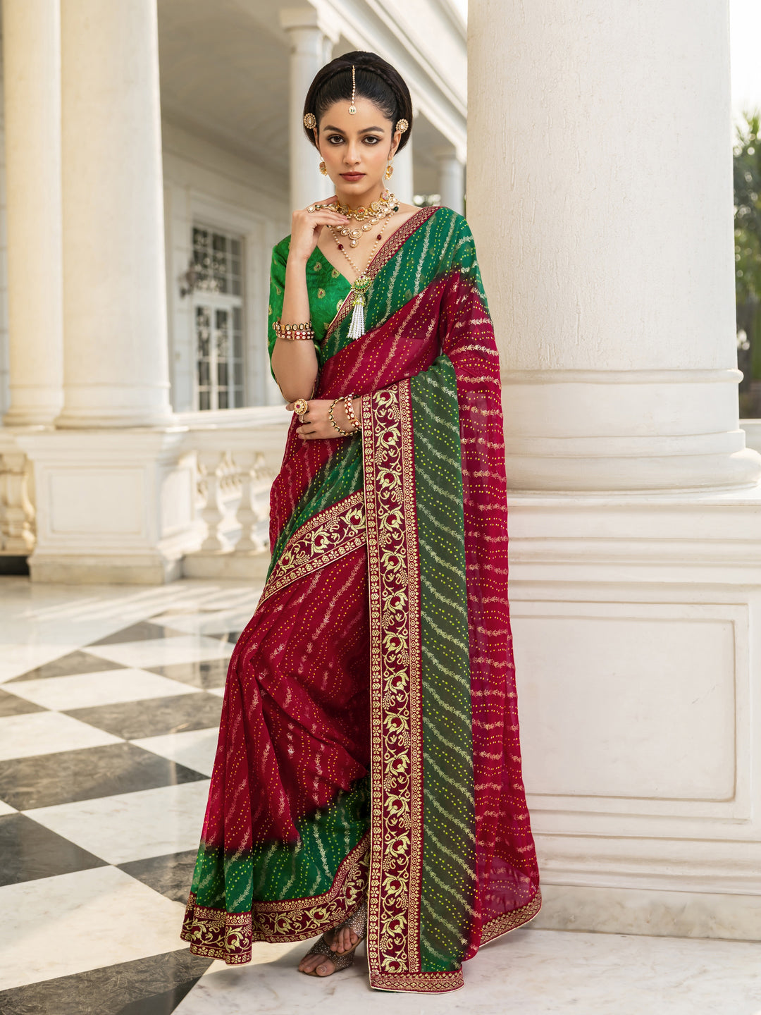 Red Bandhani Printed Georgette Saree With Unstitched Blouse Piece