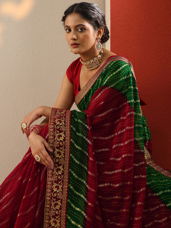 Red Bandhani Printed Georgette Saree With Unstitched Blouse Piece