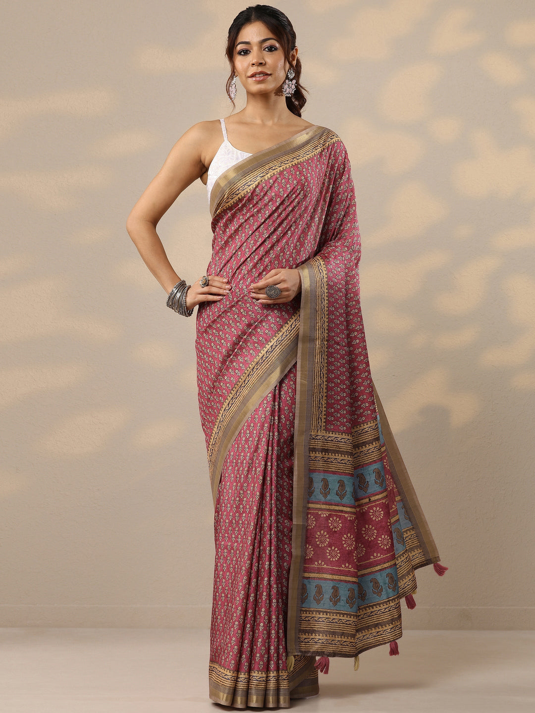 Mauve Printed Silk Blend Sarees With Unstitched Blouse Piece