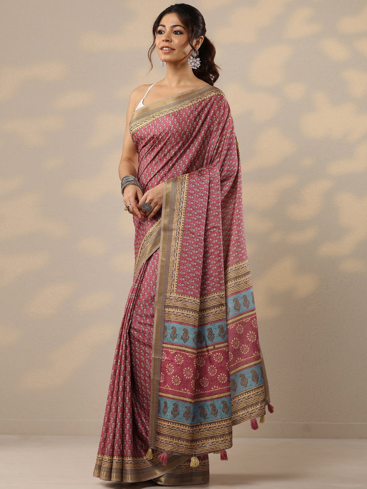 Mauve Printed Silk Blend Sarees With Unstitched Blouse Piece
