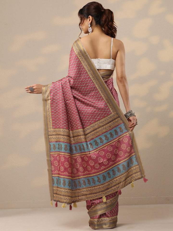 Mauve Printed Silk Blend Sarees With Unstitched Blouse Piece