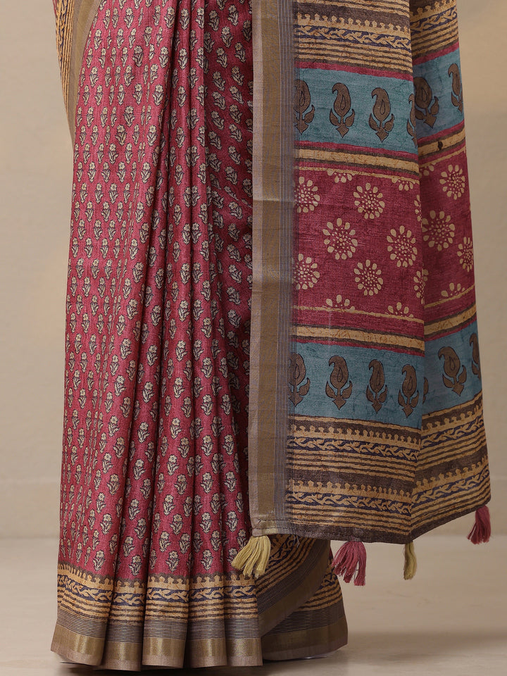 Mauve Printed Silk Blend Sarees With Unstitched Blouse Piece
