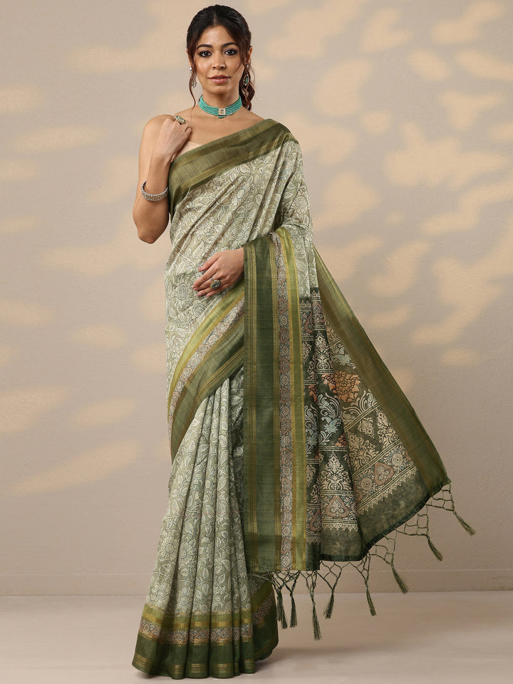 Green Printed Silk Blend Sarees With Unstitched Blouse Piece