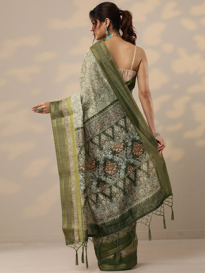 Green Printed Silk Blend Sarees With Unstitched Blouse Piece