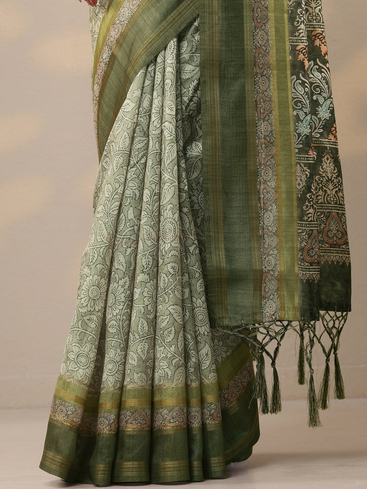 Green Printed Silk Blend Sarees With Unstitched Blouse Piece