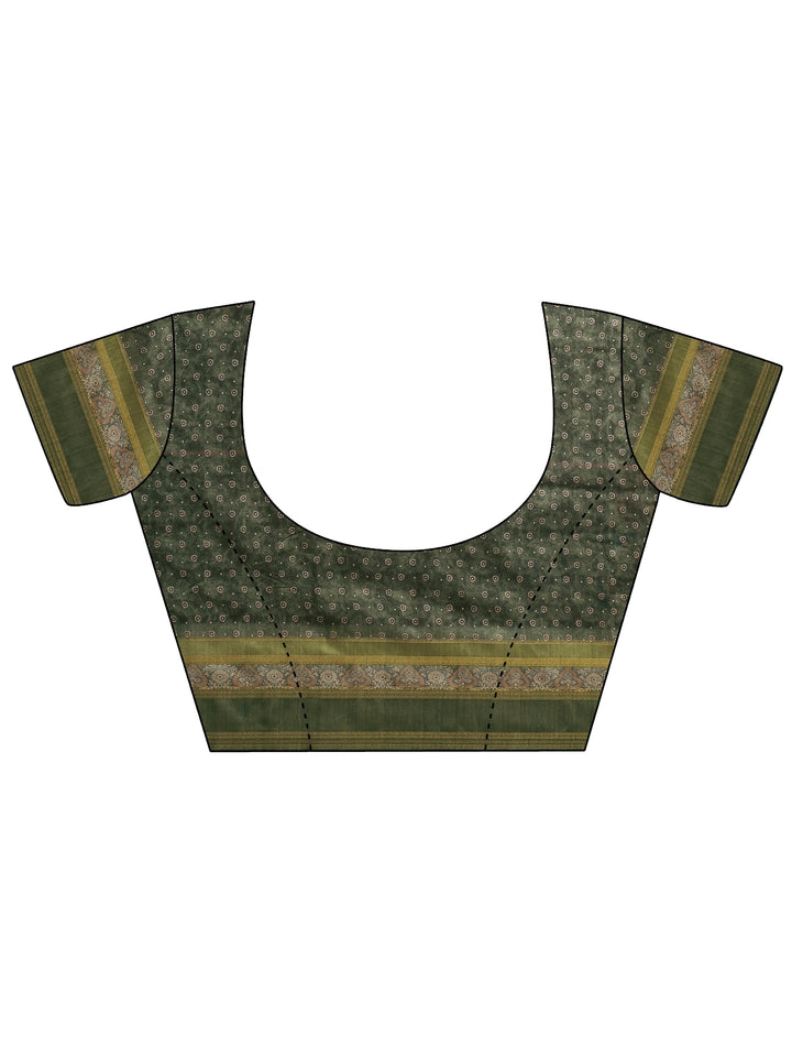 Green Printed Silk Blend Sarees With Unstitched Blouse Piece