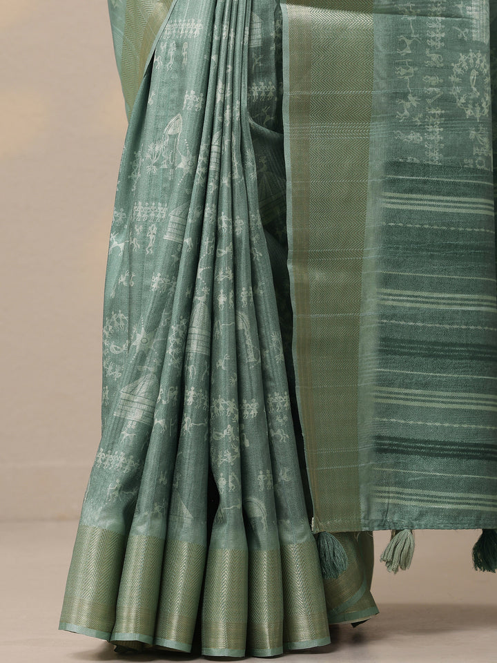 Green Printed Silk Blend Sarees With Unstitched Blouse Piece