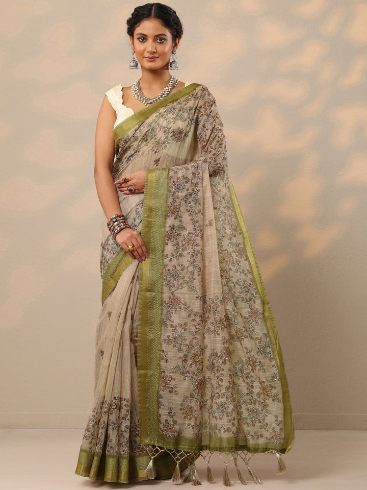 Beige Printed Cotton Blend Saree With Unstitched Blouse Piece