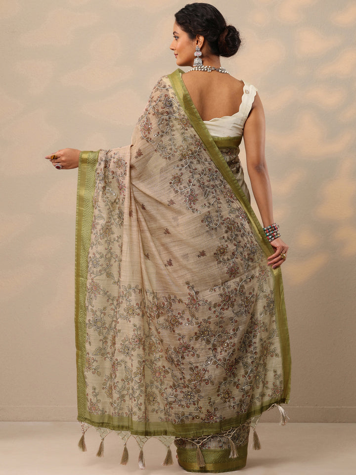 Beige Printed Cotton Blend Saree With Unstitched Blouse Piece