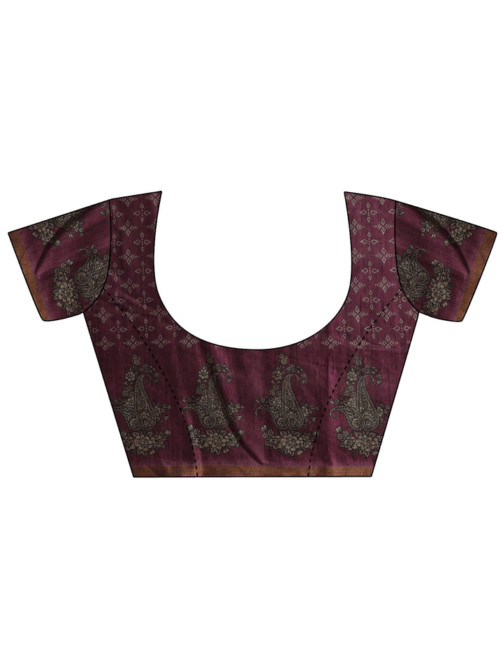 Brown Printed Cotton Blend Saree With Unstitched Blouse Piece