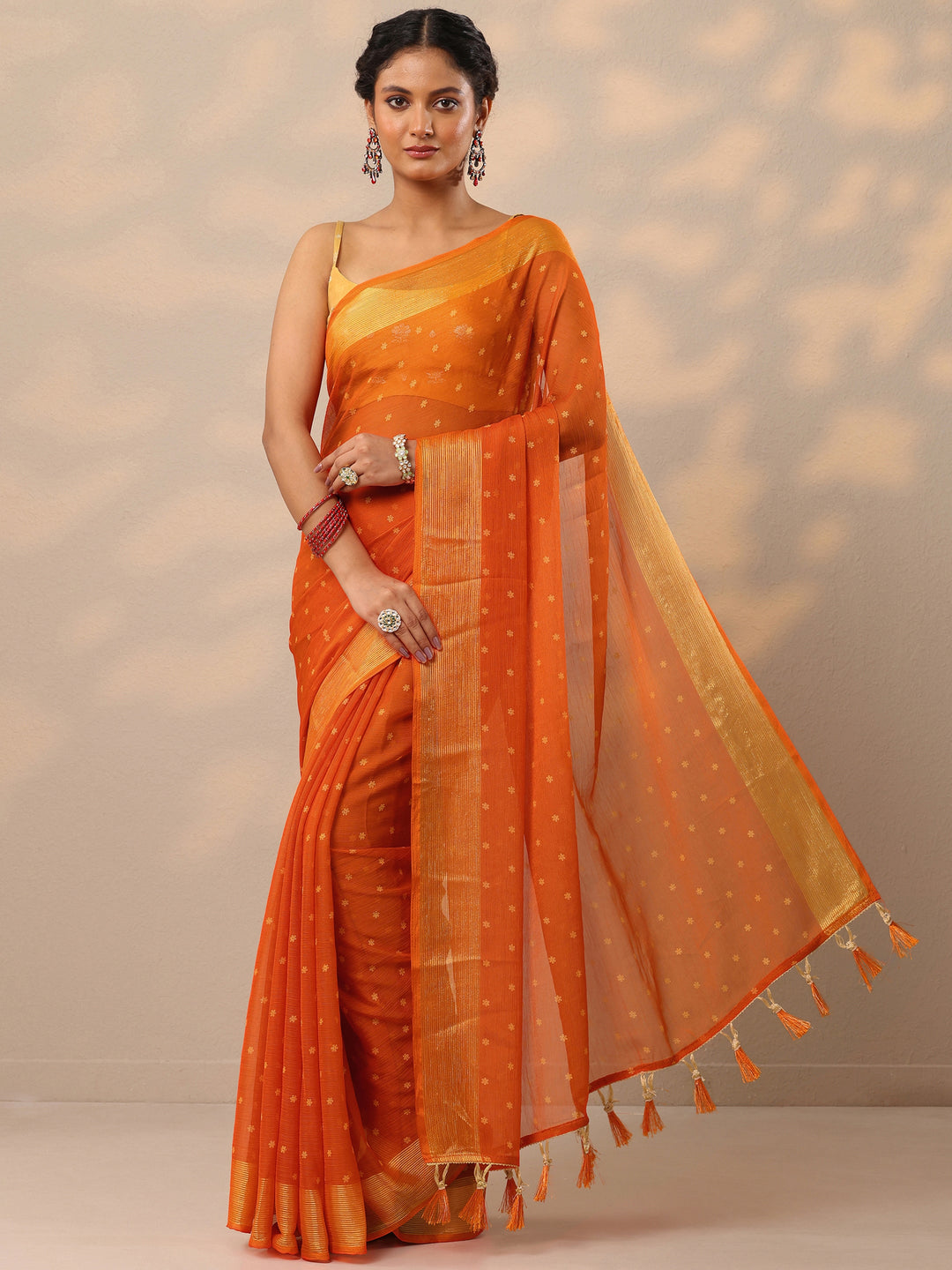 Orange Printed Chiffon Saree With Unstitched Blouse Piece