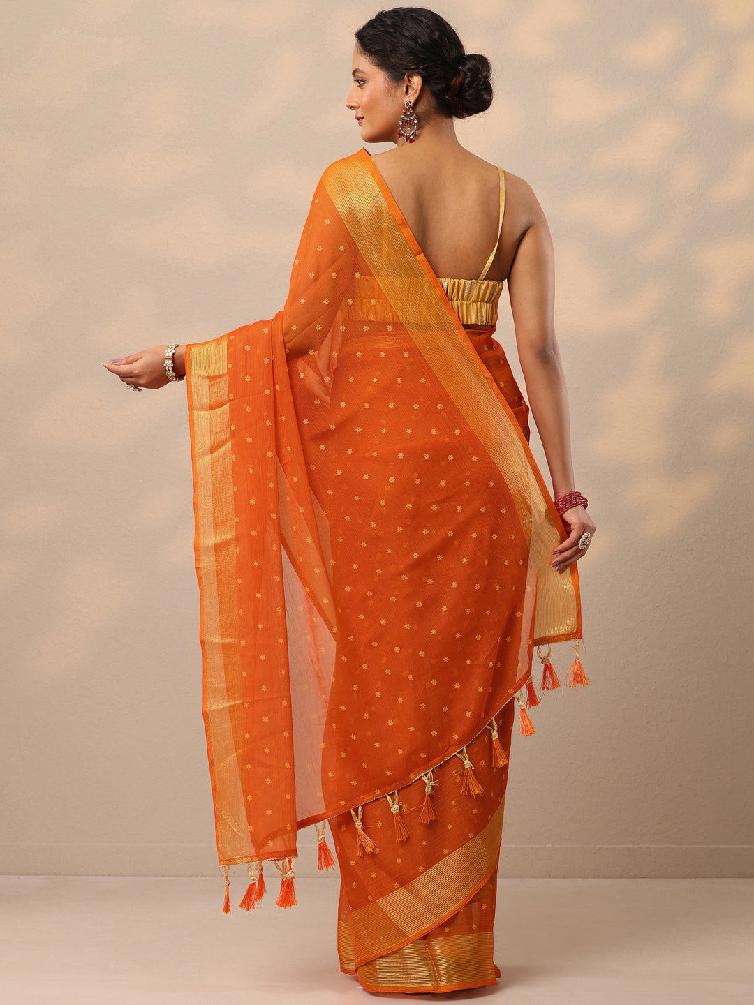 Orange Printed Chiffon Saree With Unstitched Blouse Piece