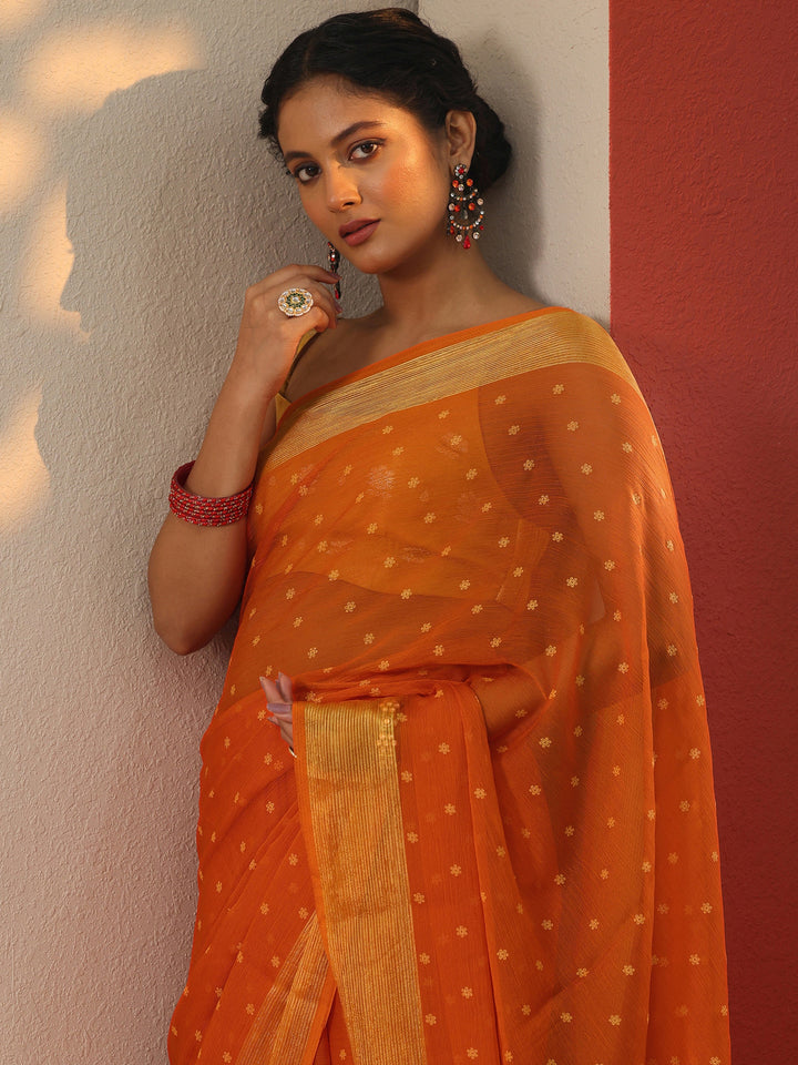 Orange Printed Chiffon Saree With Unstitched Blouse Piece
