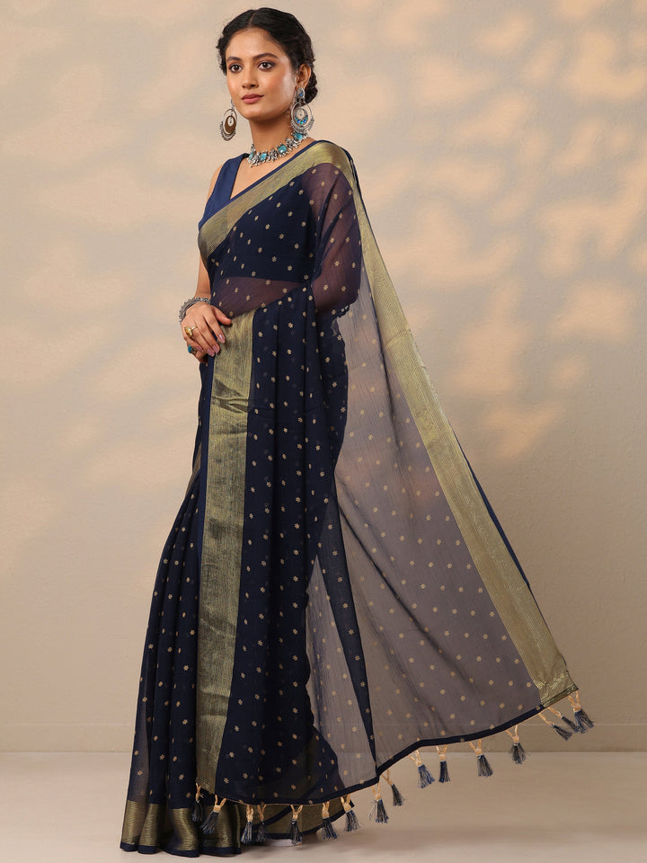 Blue Printed Chiffon Saree With Unstitched Blouse Piece