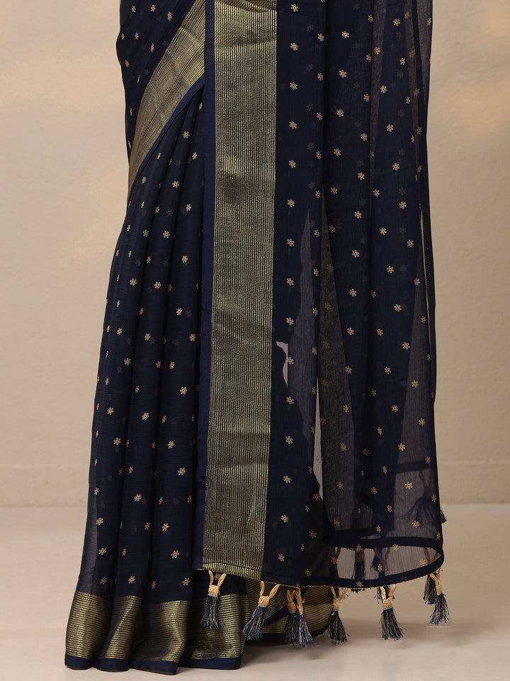 Blue Printed Chiffon Saree With Unstitched Blouse Piece