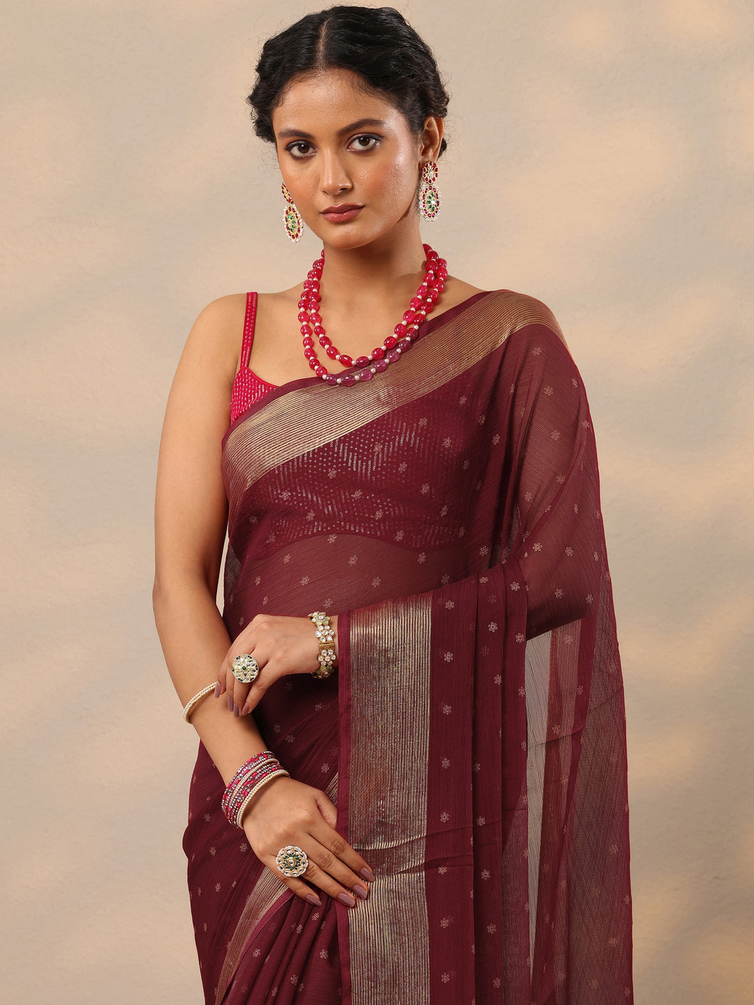 Wine Printed Chiffon Saree With Unstitched Blouse Piece