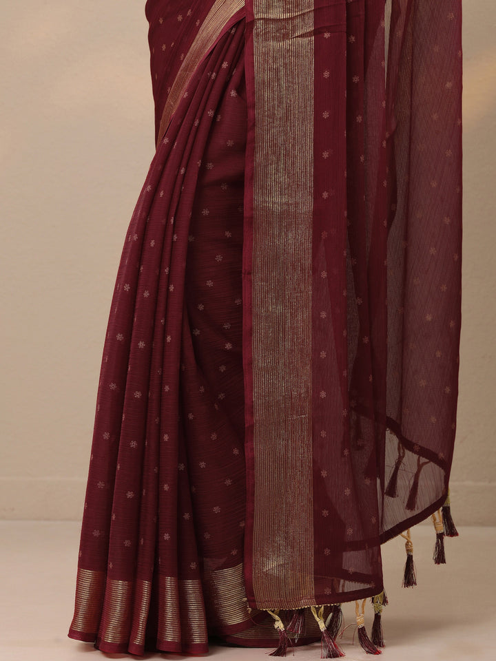 Wine Printed Chiffon Saree With Unstitched Blouse Piece
