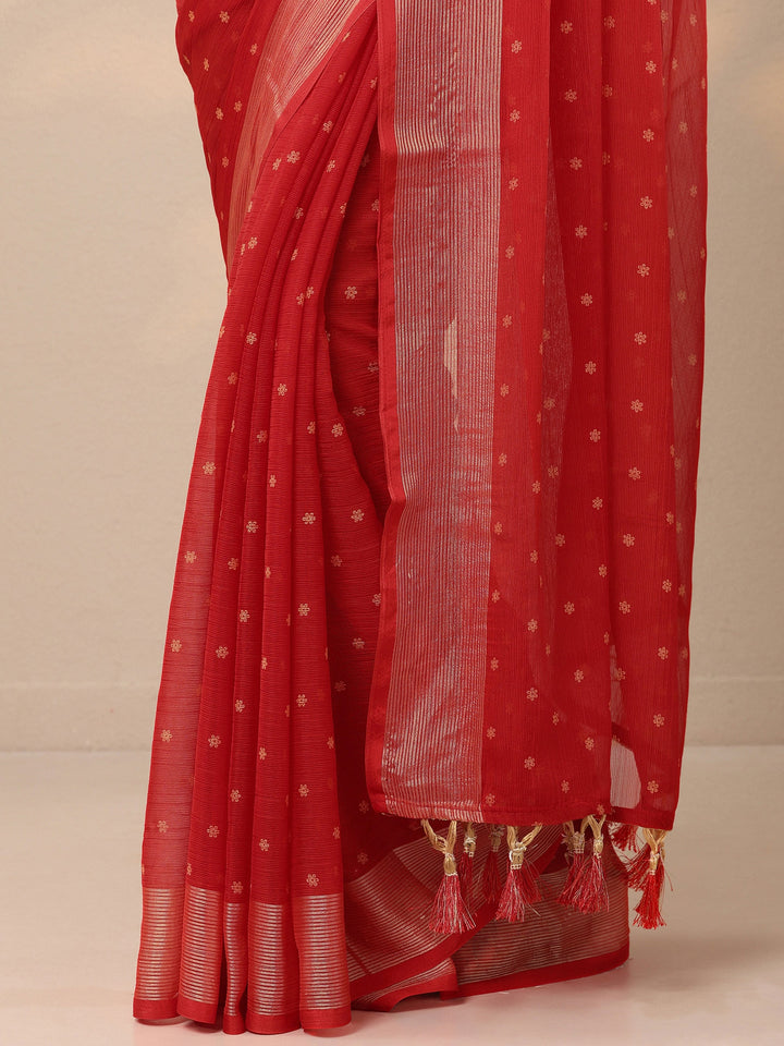 Red Printed Chiffon Saree With Unstitched Blouse Piece