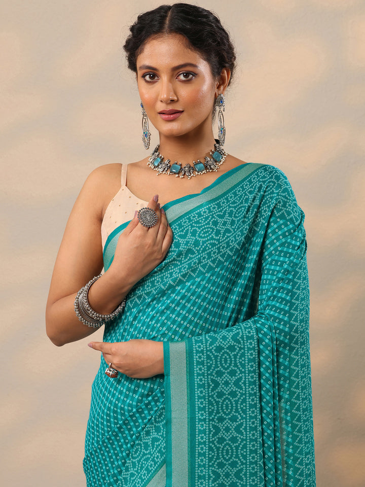 Blue Bandhani Printed Georgette Saree With Unstitched Blouse Piece