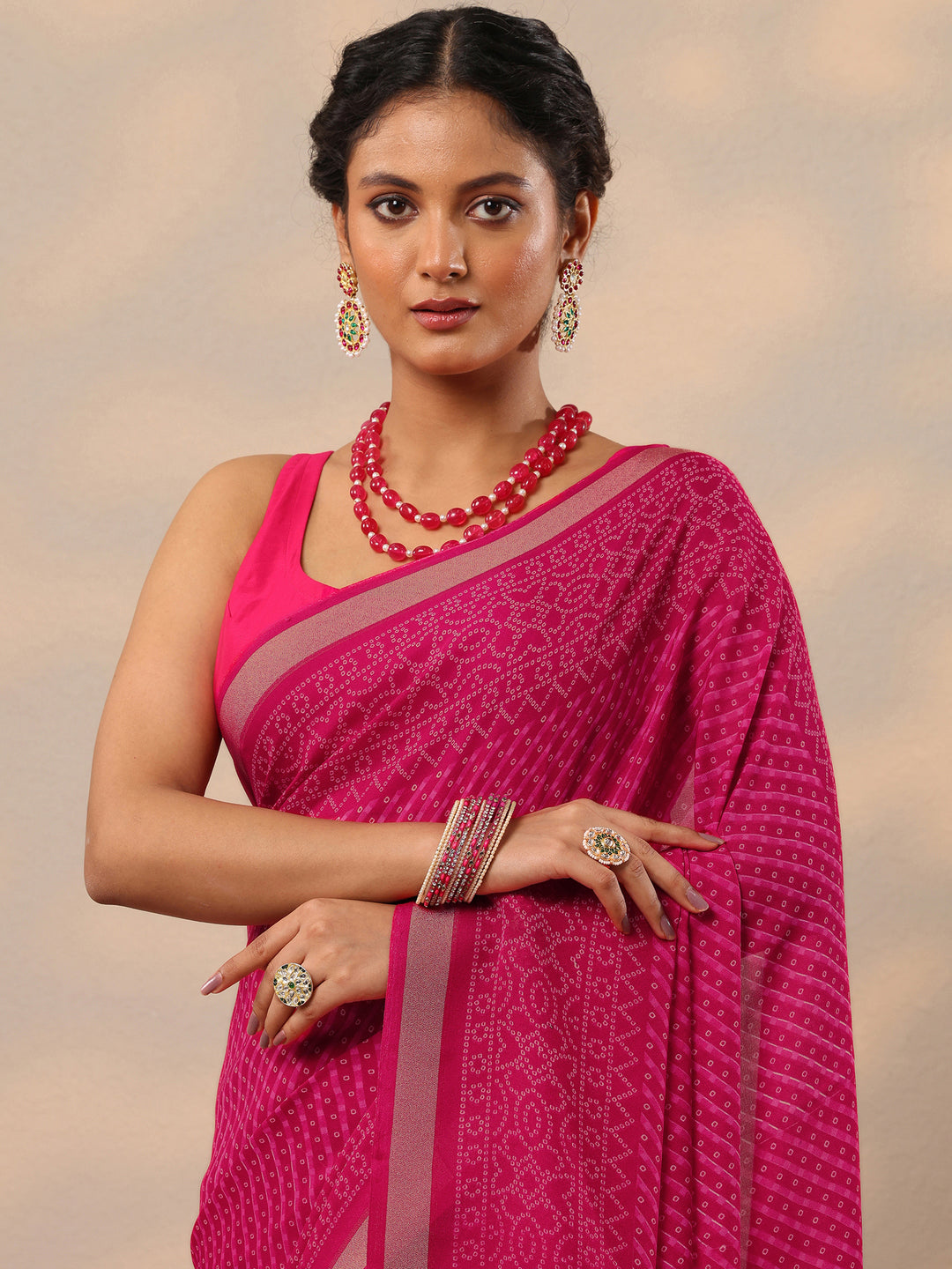 Pink Bandhani Printed Georgette Saree With Unstitched Blouse Piece