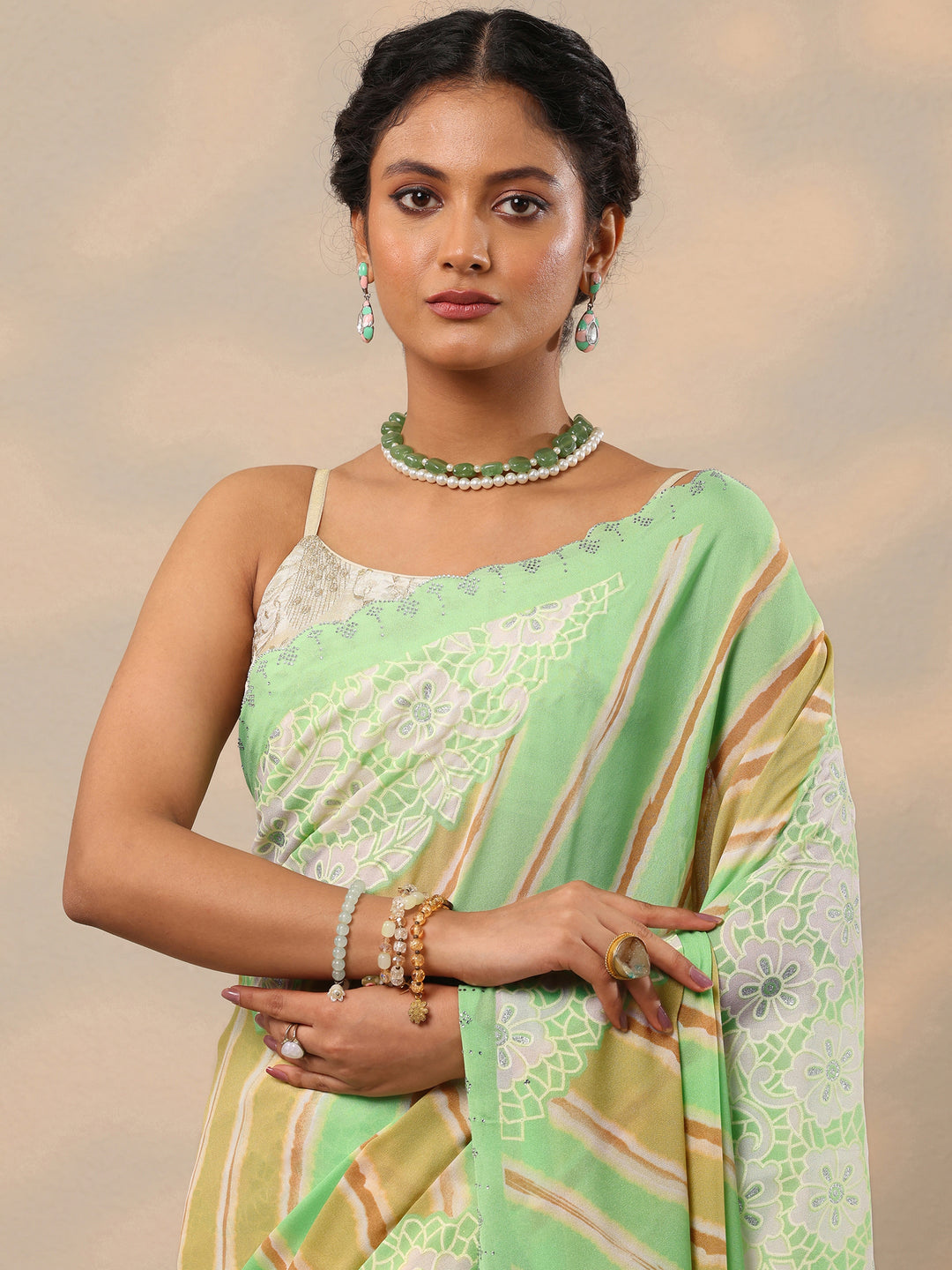 Green Leheriya Printed Georgette Saree With Unstitched Blouse Piece