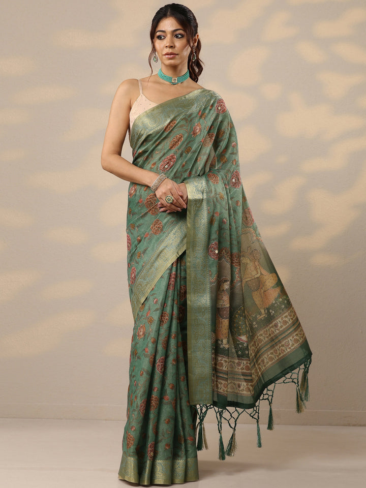 Green Printed Cotton Blend Sarees With Unstitched Blouse Piece