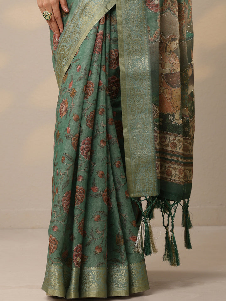 Green Printed Cotton Blend Sarees With Unstitched Blouse Piece