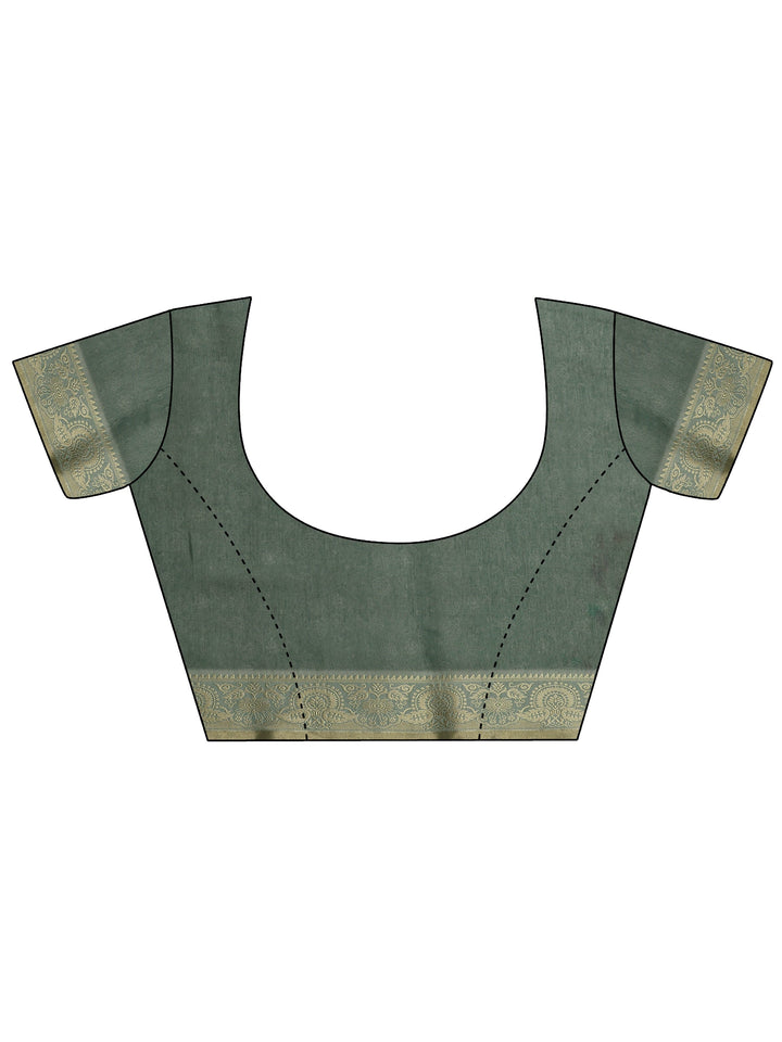 Green Printed Cotton Blend Sarees With Unstitched Blouse Piece