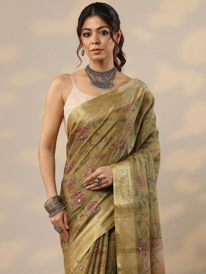 Green Printed Cotton Blend Sarees With Unstitched Blouse Piece