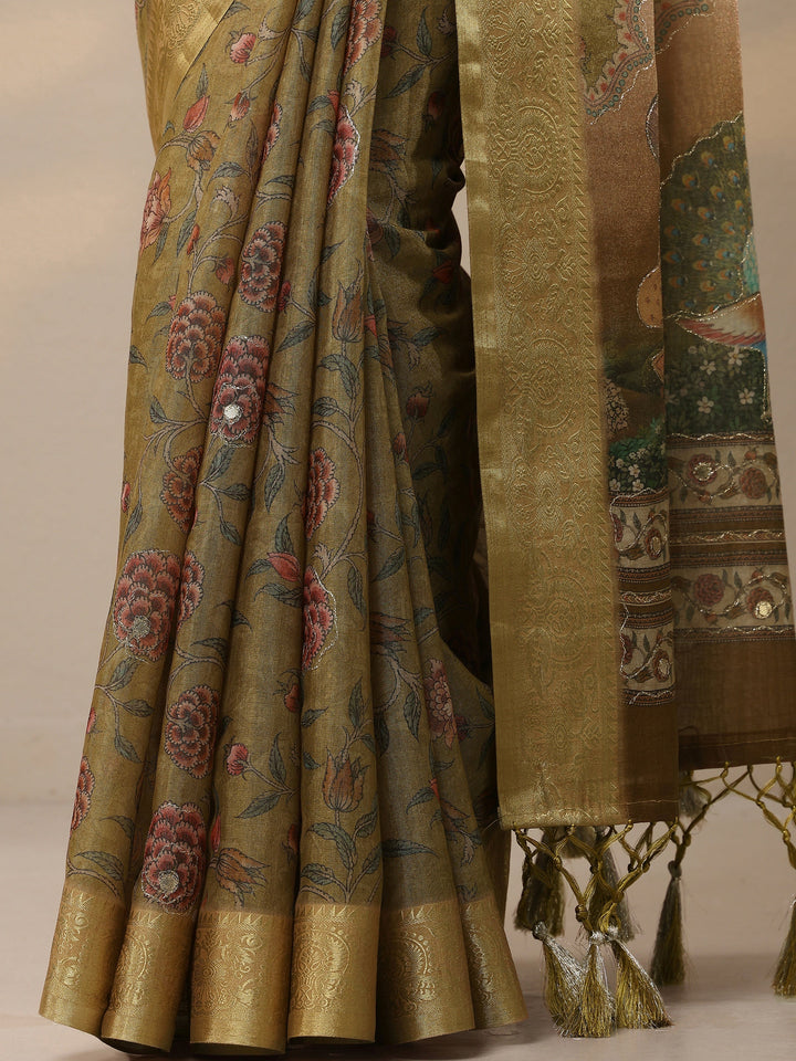 Green Printed Cotton Blend Sarees With Unstitched Blouse Piece